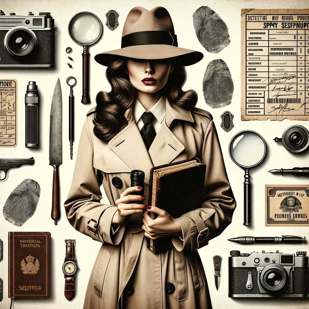 mysterious woman who is a murder mystery host wearing a detective trench coat and hat surrounded by spy gear