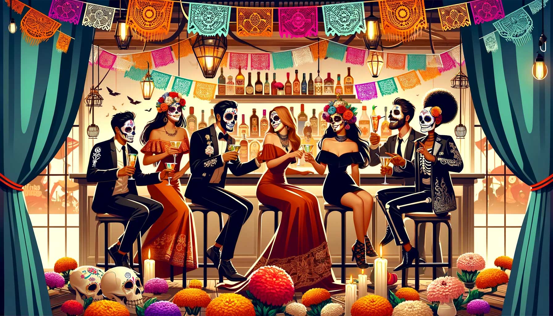 a group of friends at a murder mystery party dressed in day of the dead or Halloween costumes in a beautify bar