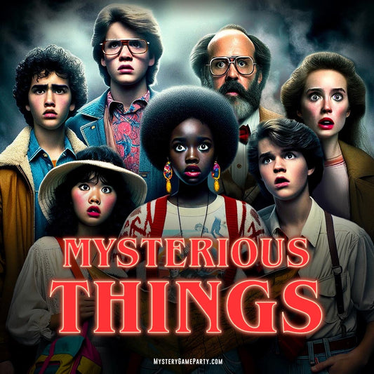 Stranger Things themed escape mystery game called Mysterious Things with teen and adult characters in 1980’s fashion.