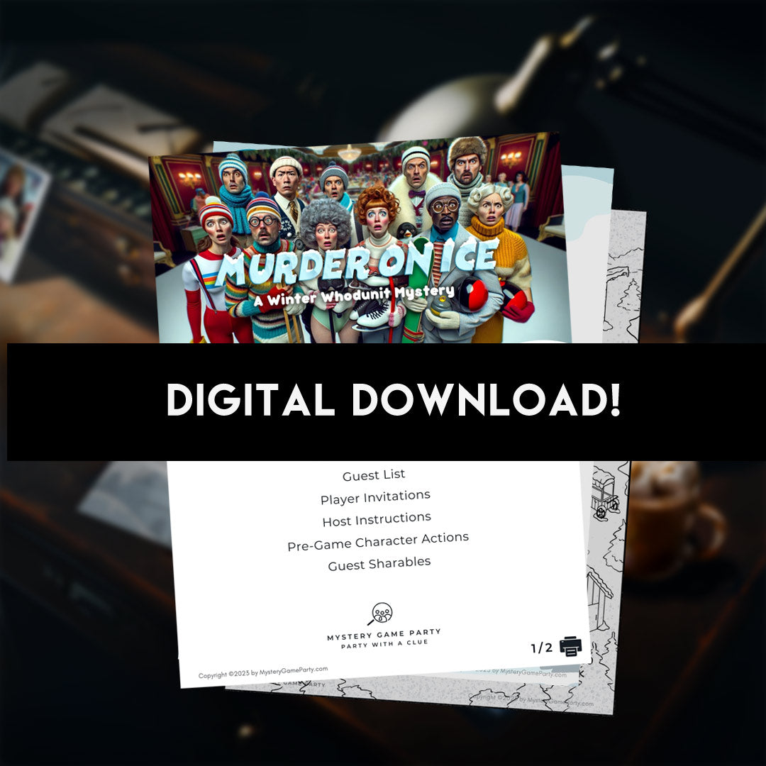 This game is a digital download, Murder mystery game called Murder On Ice which you download and print.