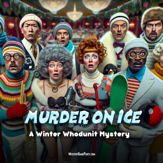 Winter Holiday murder mystery game for a christmas or new years party with funny characters wearing party and sports attire.
