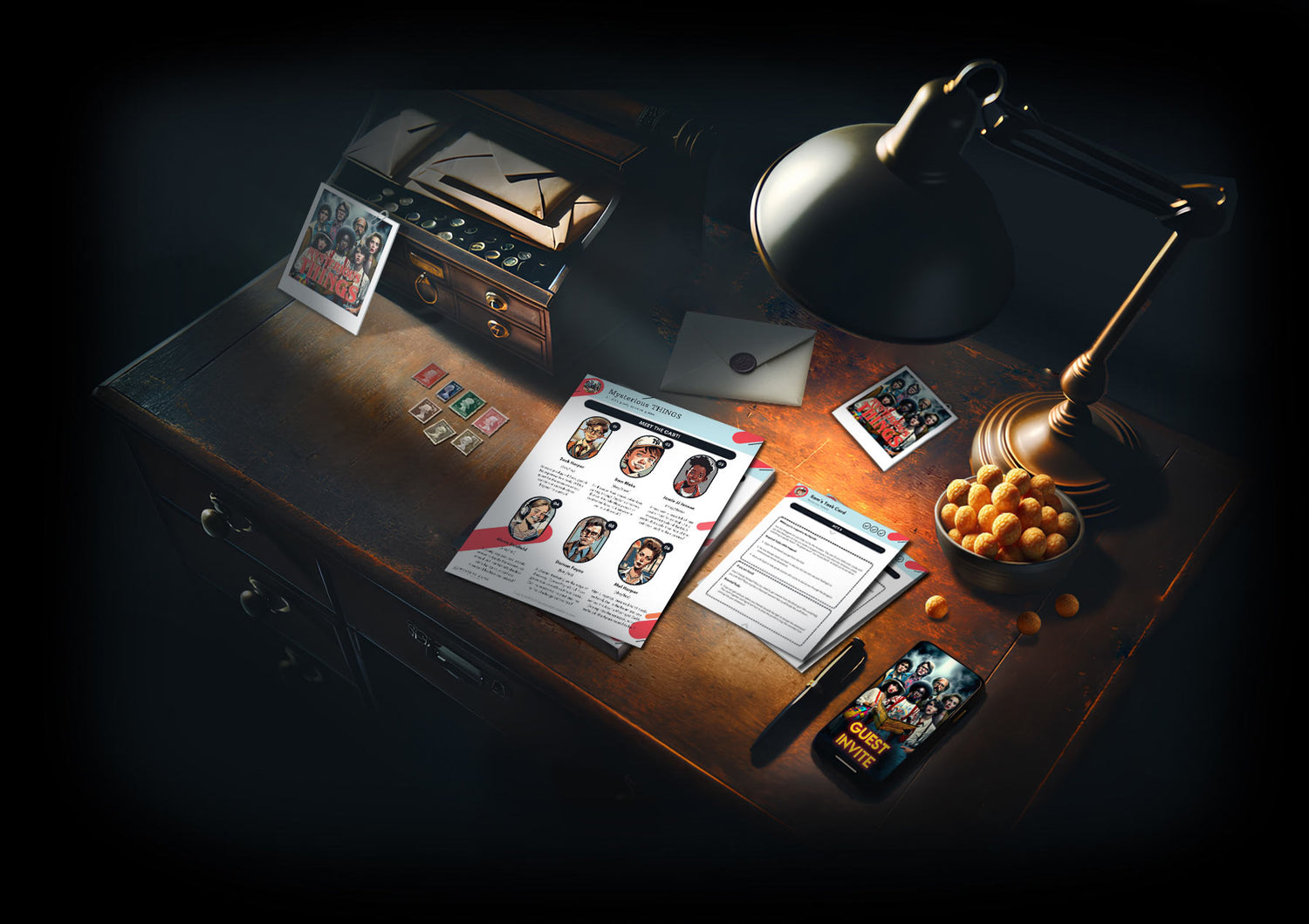 a detectives desk covered in murder mystery game elements