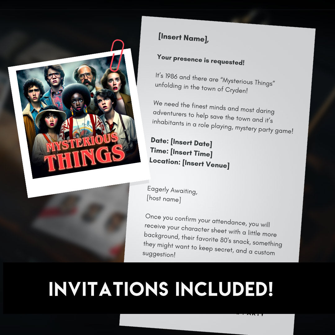 Mysterious Things includes a free digital and printable invitation template from Google Drive.