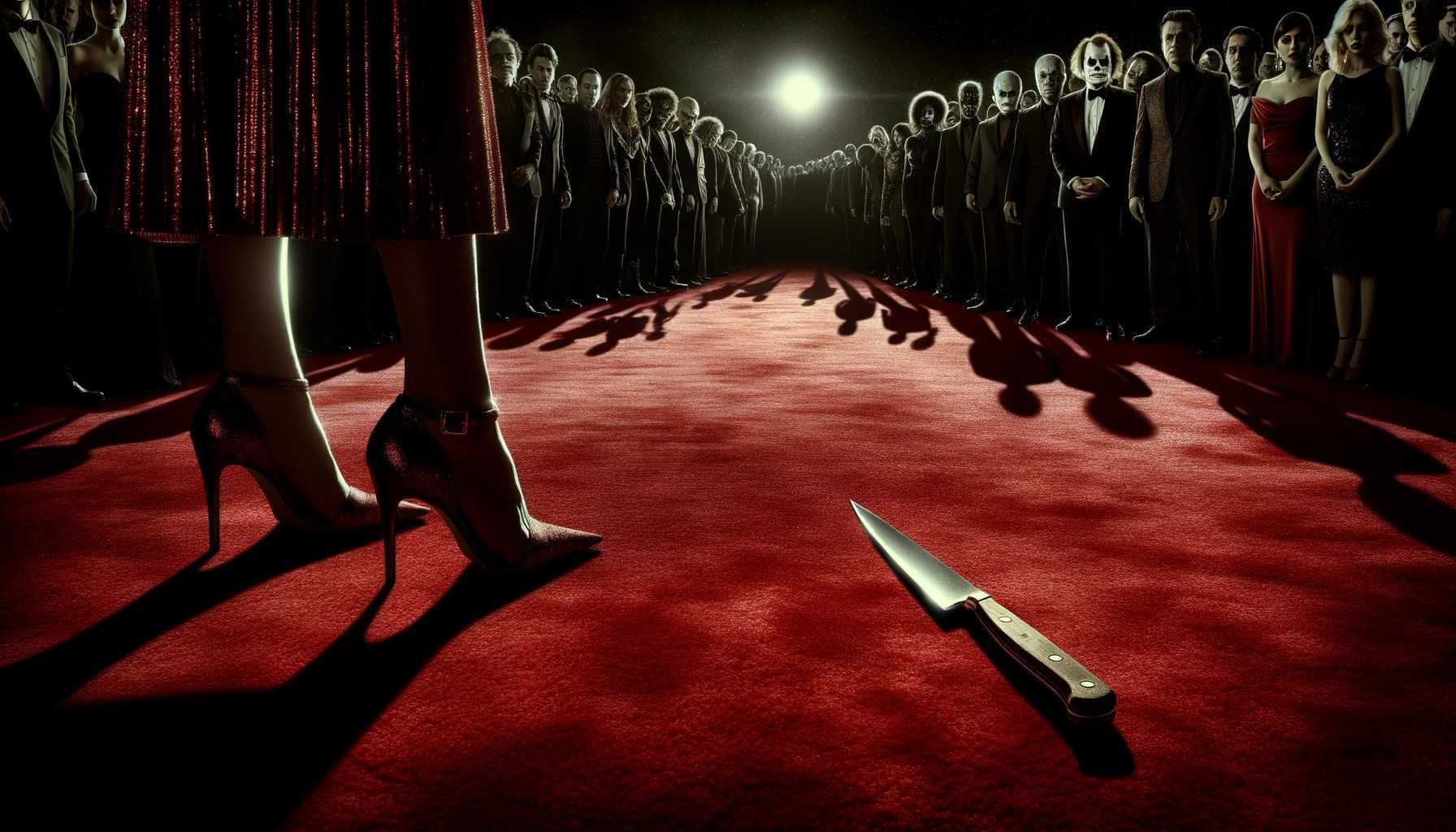 Murder mystery game scene with a weapon laying at the feet of a luxuriously dressed women in heels on red carpet red carpet